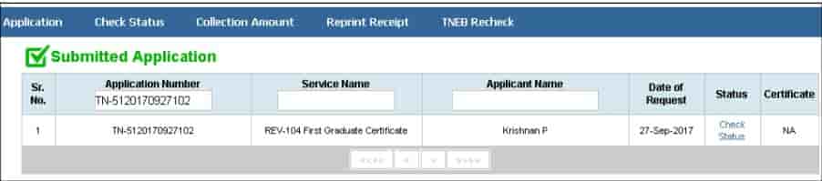 TNESEVAI Application Status