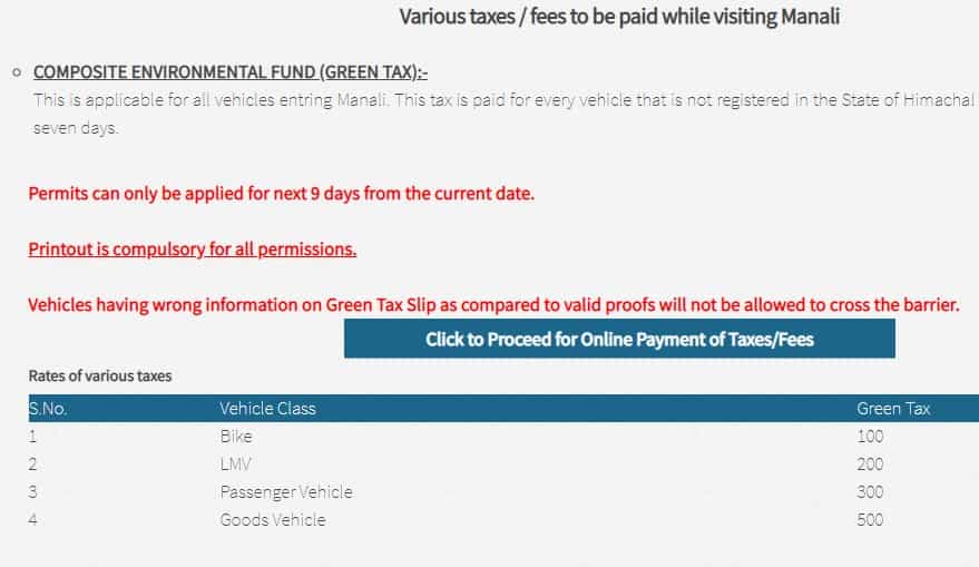 Manali Entry (Green Tax) Online 2