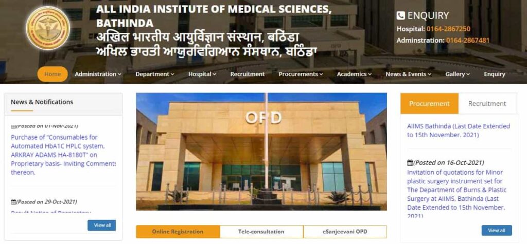 AIIMS Bathinda OPD Appointment Online ors.gov.in Registration Contact Number