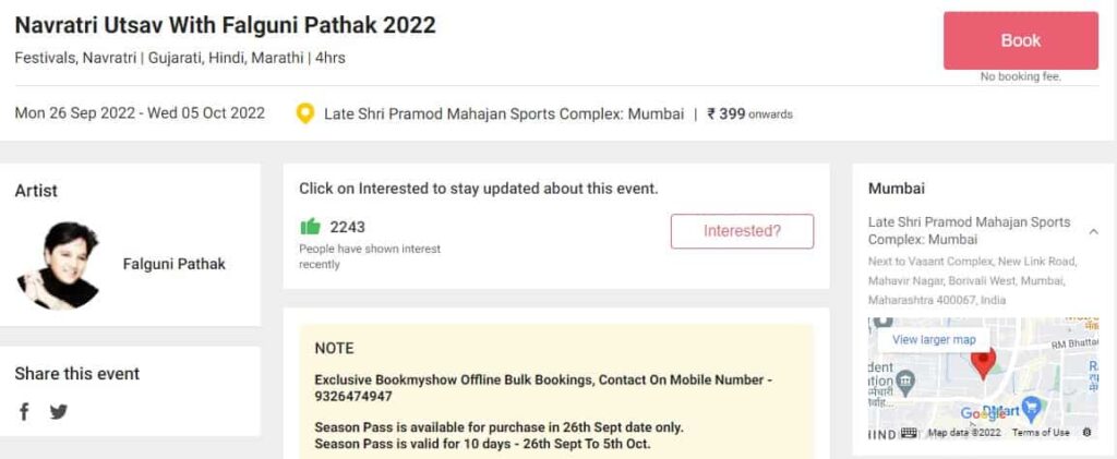 Falguni Pathak Navratri 2022 Ticket Price