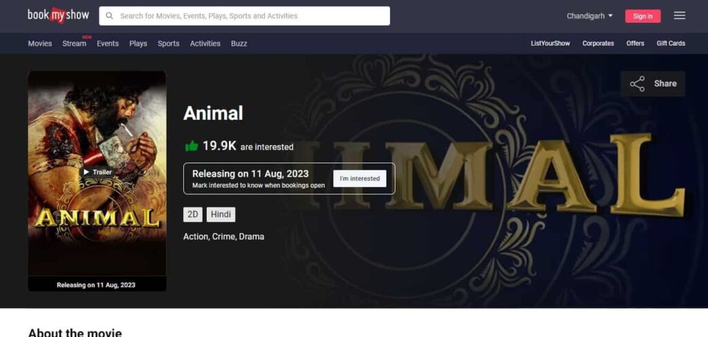 Animal Movie Ticket Booking Online